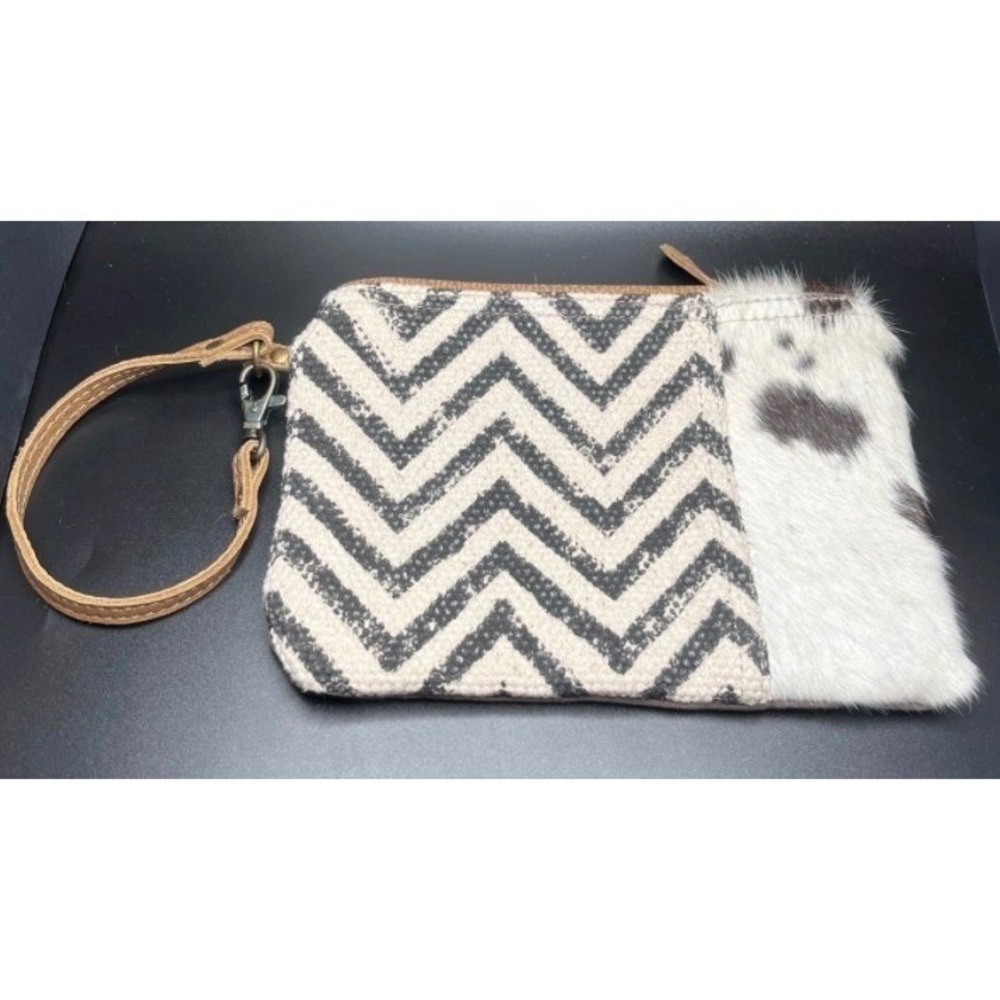 Myra Bag Chevron Canvas Cowhide Wristlet Clutch Black White Mauve Back